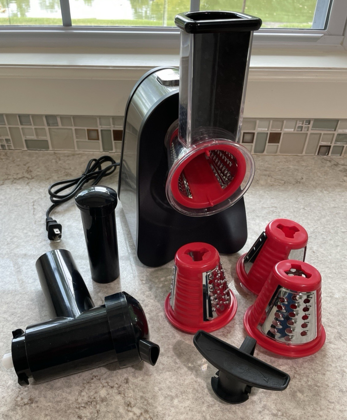 Tibek Electric Salad Maker – Food/Cheese Grater/Slicer/Processor w/ 4 Cones