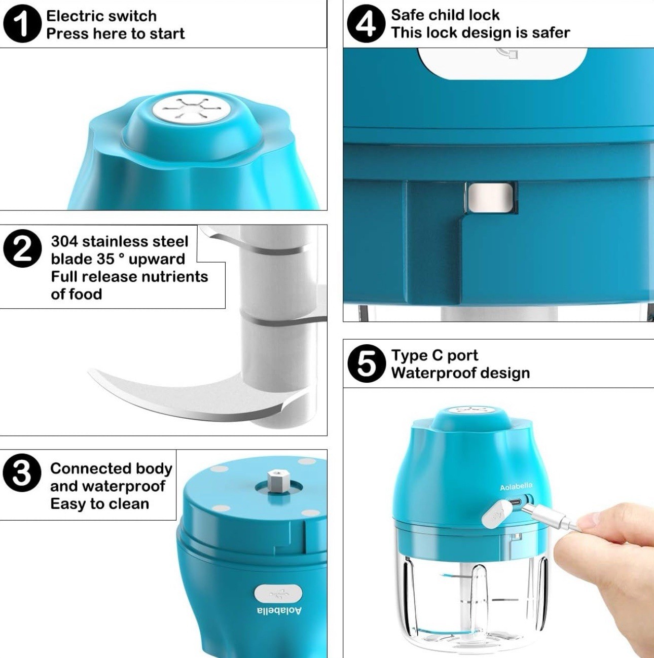 Aolabella Mini Garlic Chopper USB Portable BPA-Free Blue