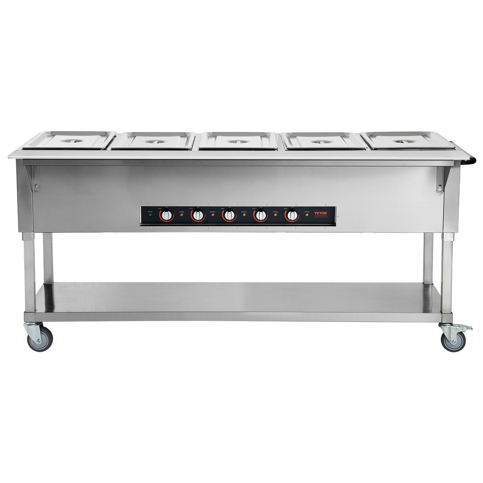 5-Pan Food Warmer: 3750W, 5×20.6QT Stainless, 4 Wheels (2 Lock)