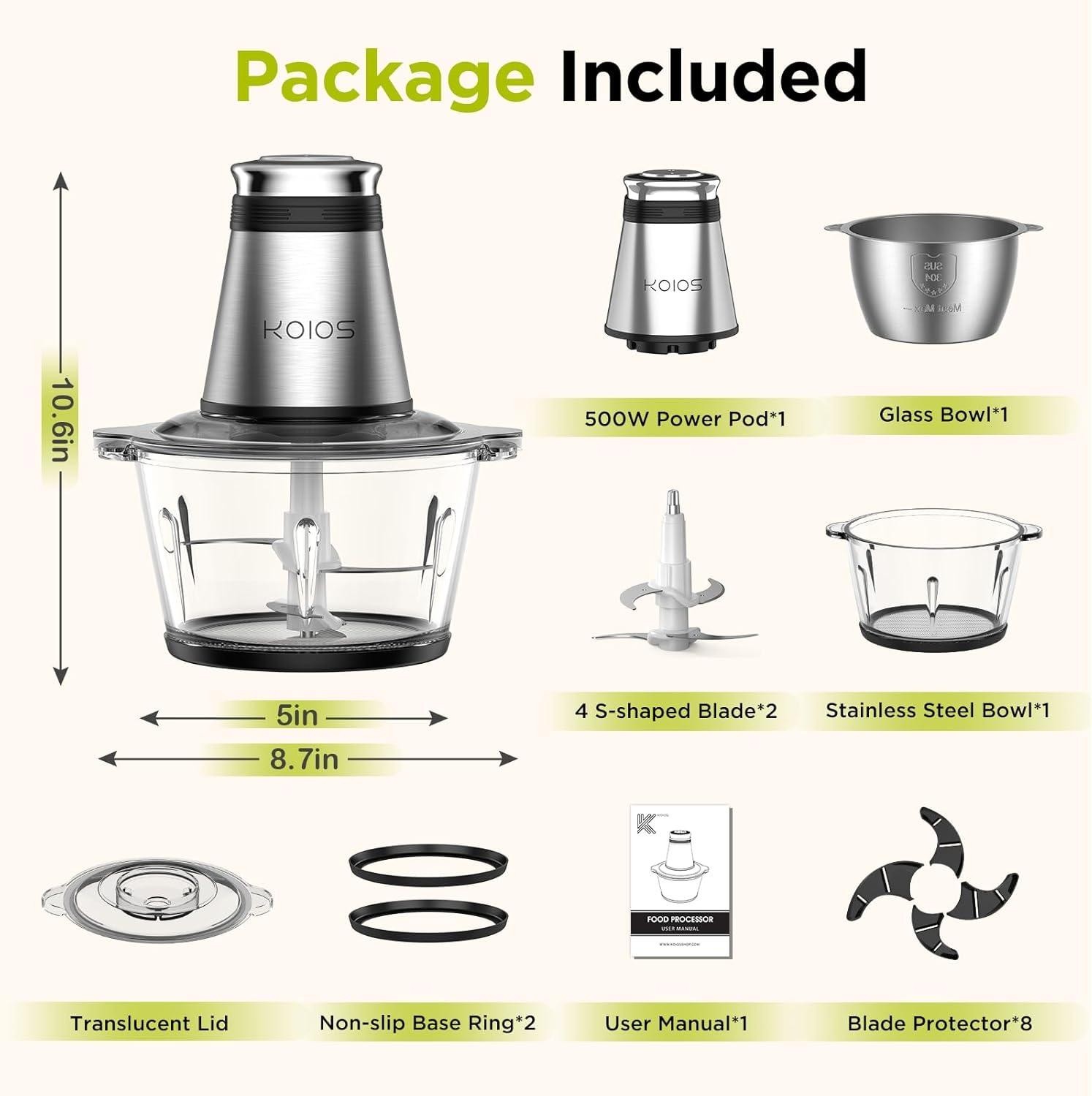 Food Processor, 500W Electric Food Chopper with 2 Bowls (8 Cup+8 Cup)