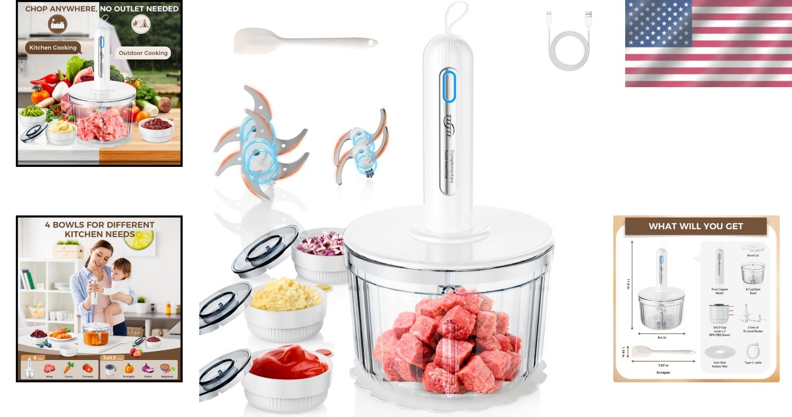 Cordless Food Processor & Meat Grinder – 4 Stainless Steel Blades, Easy Cleanup