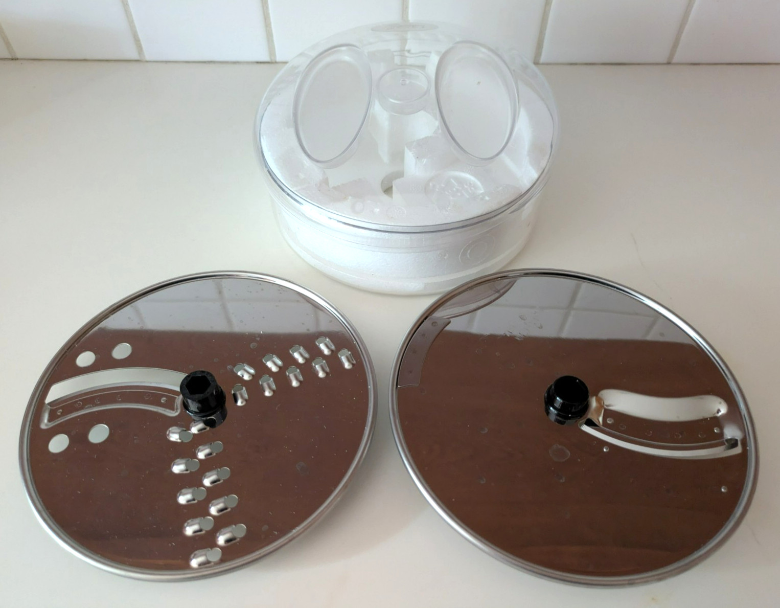 Vintage Oster Food Processor Blades (2) – Metal, 6.5″ in Plastic Case