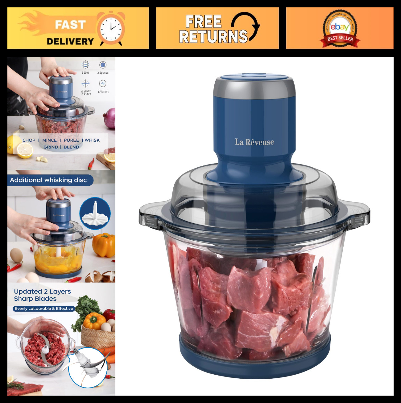 Electric Food Processor 7-Cup Glass Bowl, 4 Bi-Level Blades, 300W Chopper, Meal
