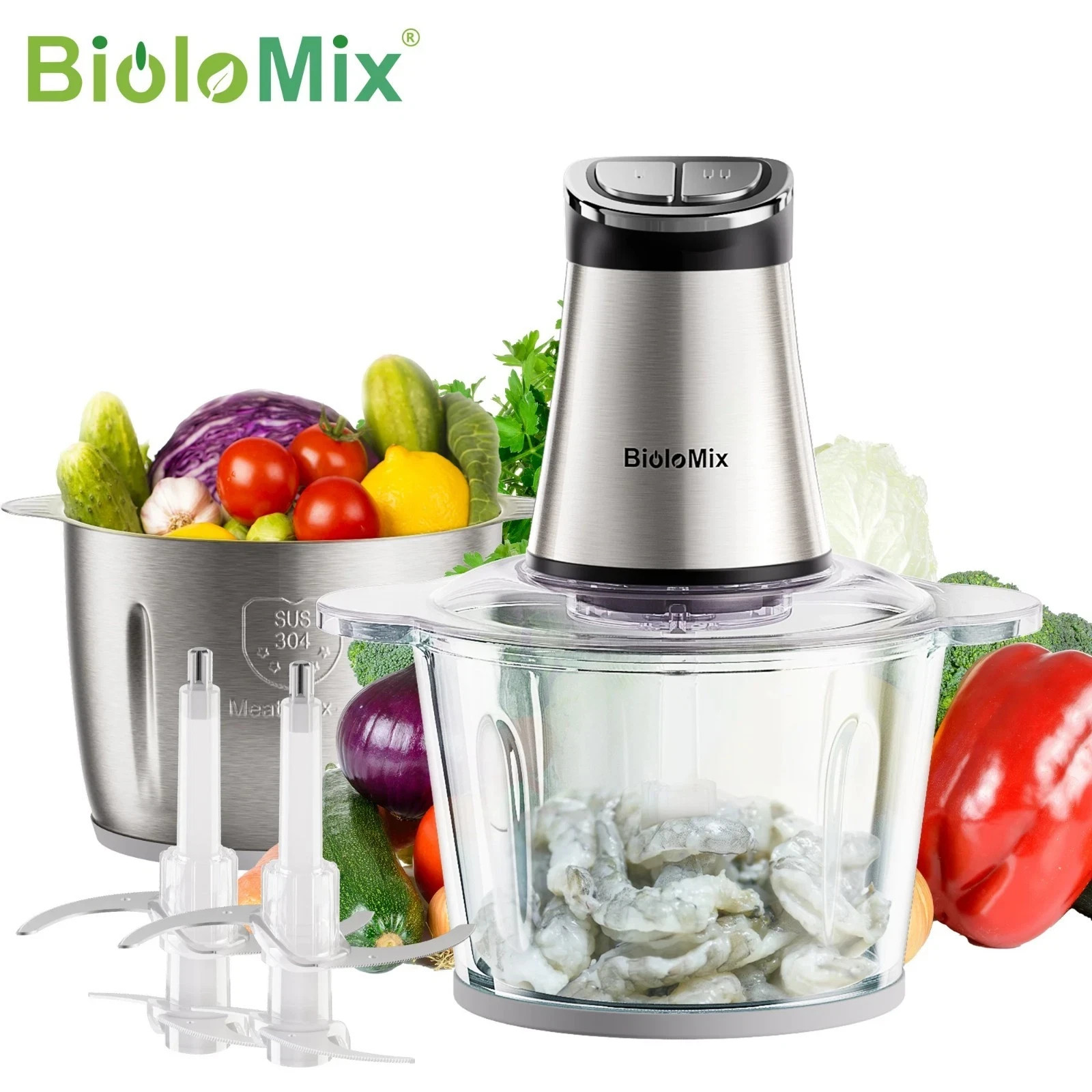 BioloMix Mini Food Processor 300W Electric Chopper 2 Bowls 4 Blade Meat Veg
