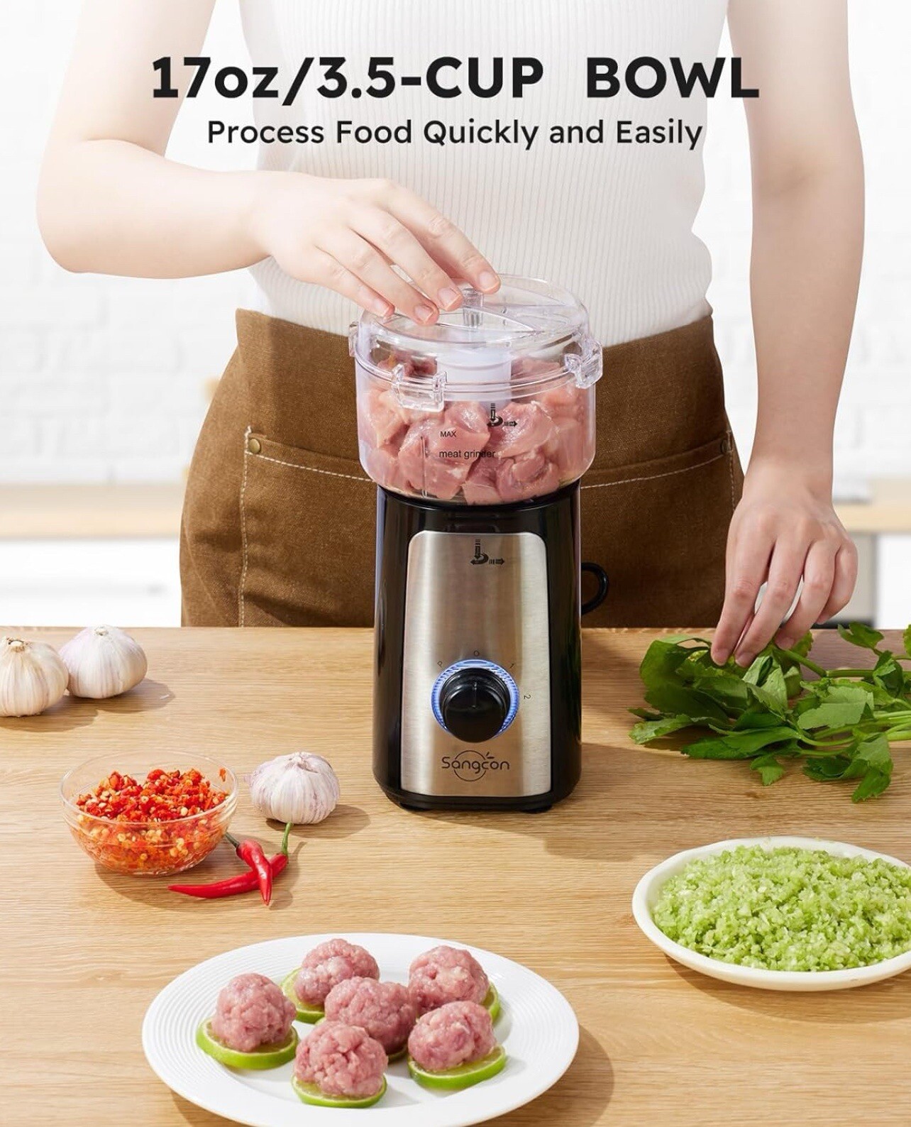 Sangcon 350W Electric Food Processor – Corded, Silver/Black, Portable Design