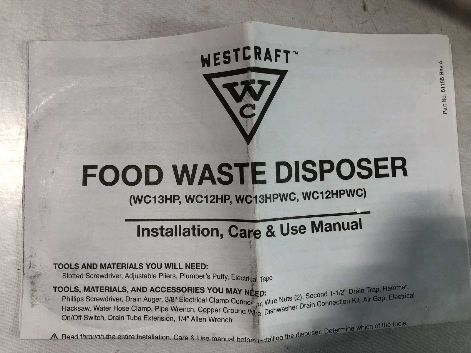 WESTCRAFT 1/3 HP Food Waste Disposer WC13HPWC-2A