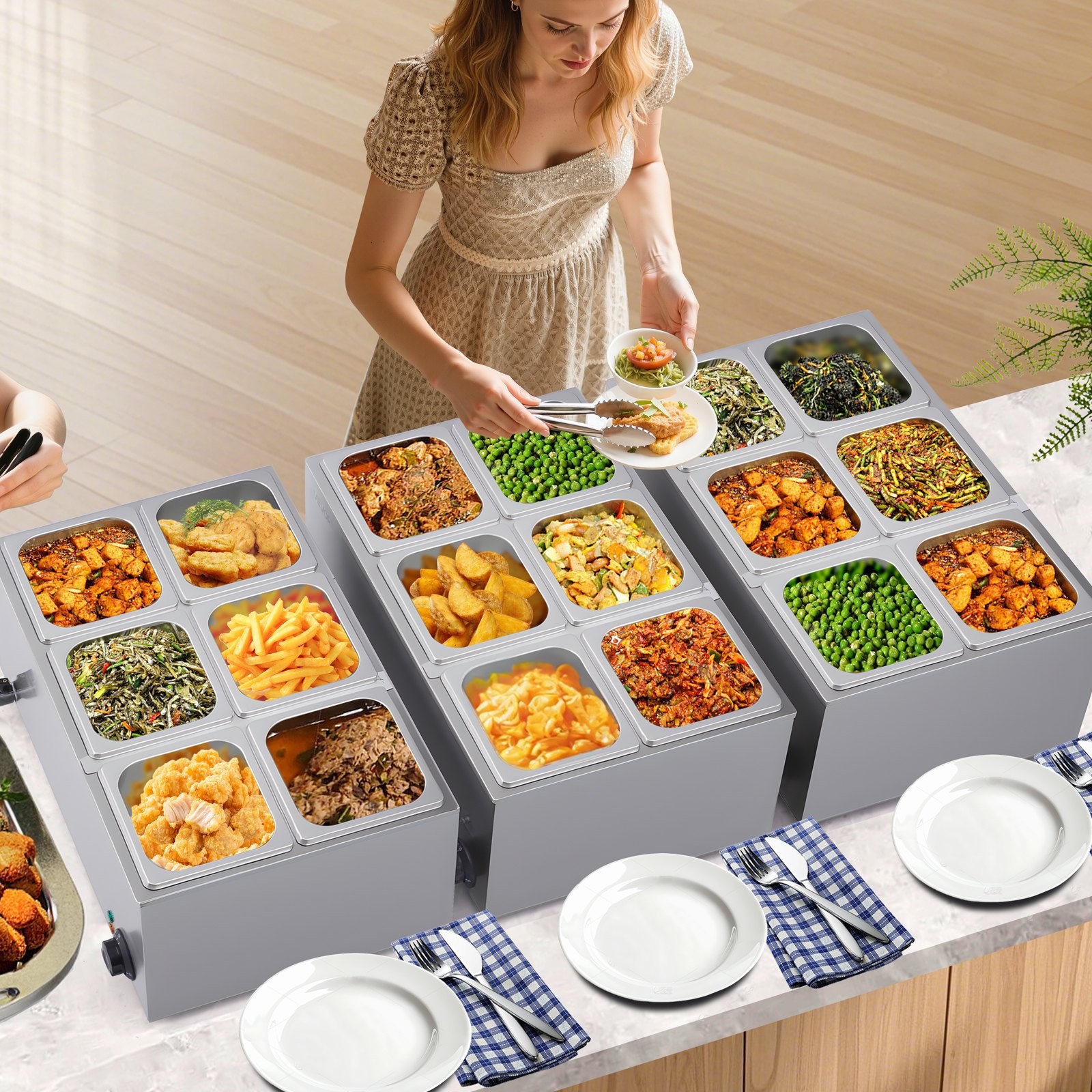 24QT Commercial Food Warmer, 6-Pan Electric Steam Table, 1200W Professional Coun