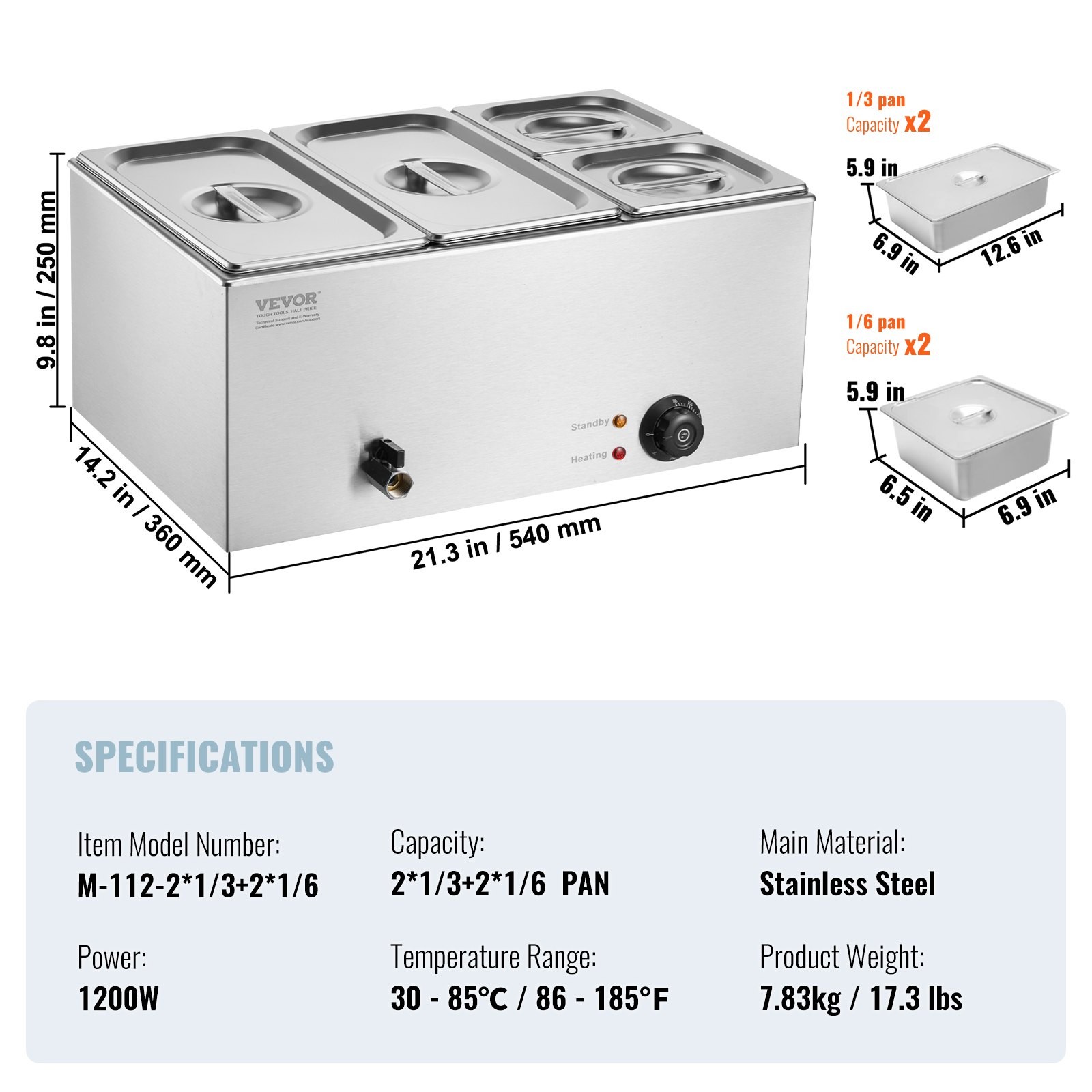 4-Pan Commercial Food Warmer, 16.4QT Electric Steam Table, 1200W Professional Co